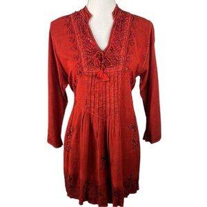 Boho Red Festival Sequin Floral Embroidered Flowy Back Tie Tunic Dress Size M